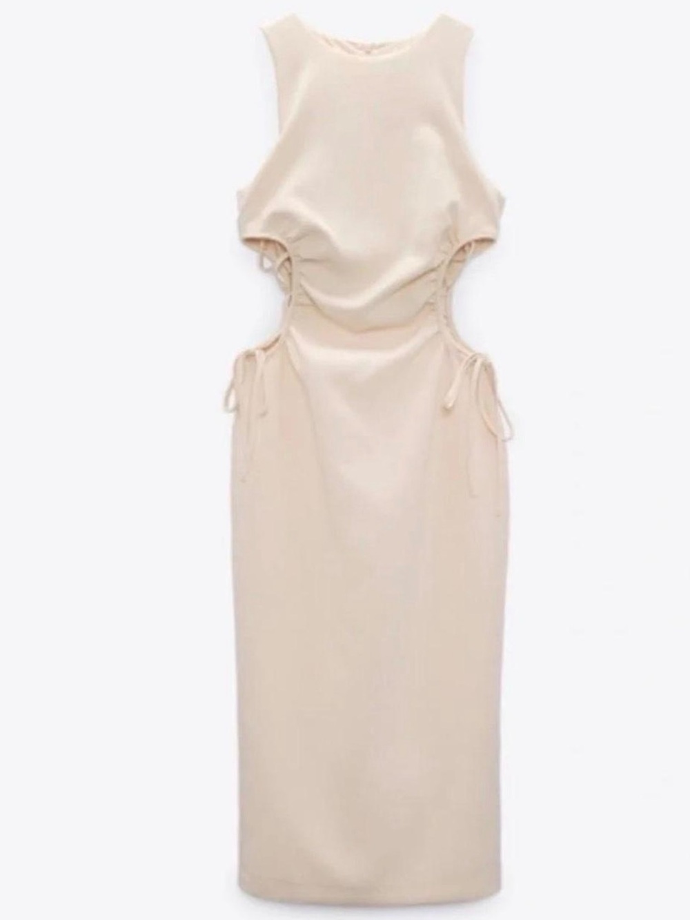 Zara Cream Sleeveless Cutout Side Midi Dress With Tie Detail